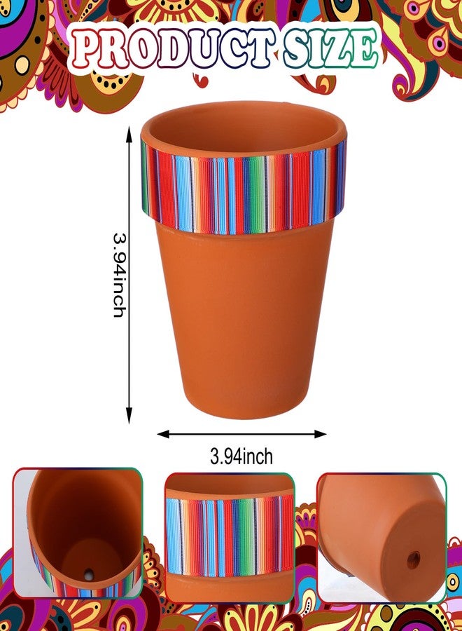 Reallnaive 9 Pcs Mexican Vase Table Decorations Fiesta Centerpieces 4 Inch Mexico Terracotta Clay Pot with Drainage Hole for Marigold Flower Craft Home Table Decoration (Mexican Stripes) - Image 2